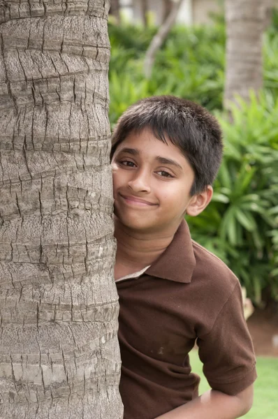 Ένα Όμορφο Ινδική Παιδί Peeping Μέσα Από Τον Κορμό — Φωτογραφία Αρχείου