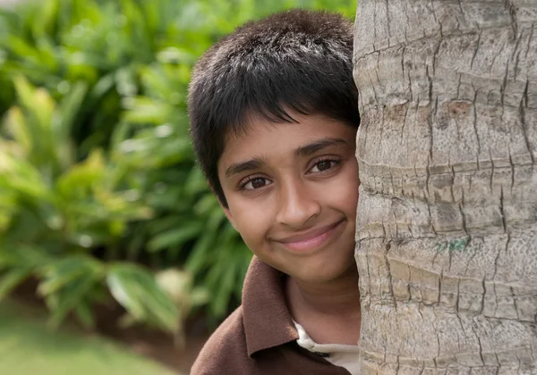 Handsome Indian Kid Peeping Thru Trunk — Stock Photo, Image