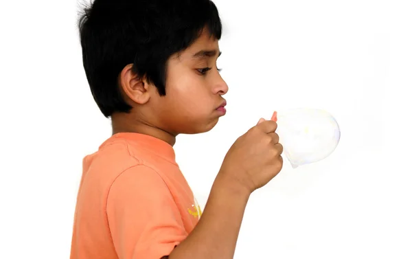 Handsome Indian Kid Blowing Bubbles Having Fun — Stock Photo, Image