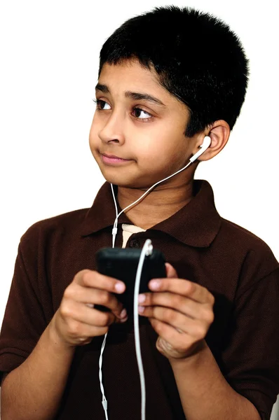 Handsome Indian Kid Listening Music Happily — Stock Photo, Image
