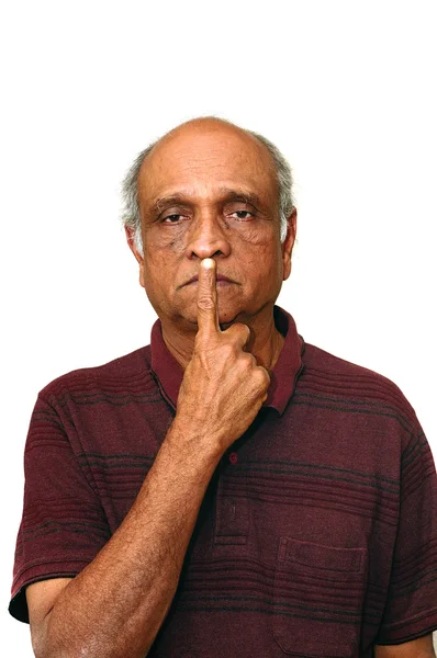 Old Indian Immigrant Showing Sign Quiet — Stock Photo, Image