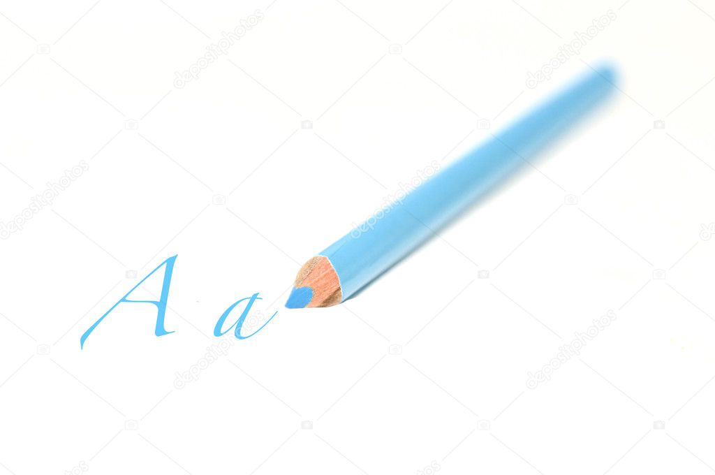 A blue colored pencil with the alphabet a opn a white background