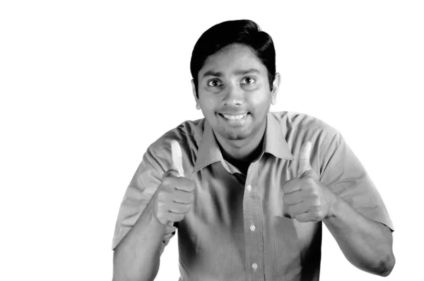 Ein Gutaussehender Indischer Mann Zeigt Hände Für Den Erfolg — Stockfoto