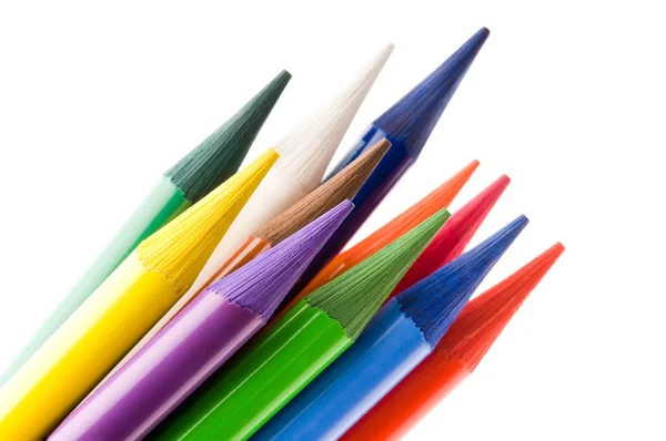 Collectie van kleurrijke pennen op witte achtergrond — Stockfoto