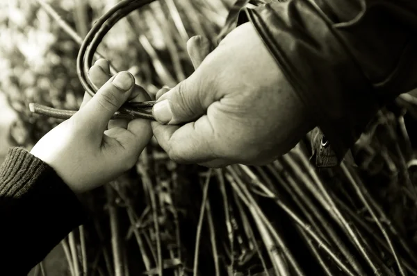 Hombre enseñando a niño haciendo una canasta de mimbre — Foto de Stock