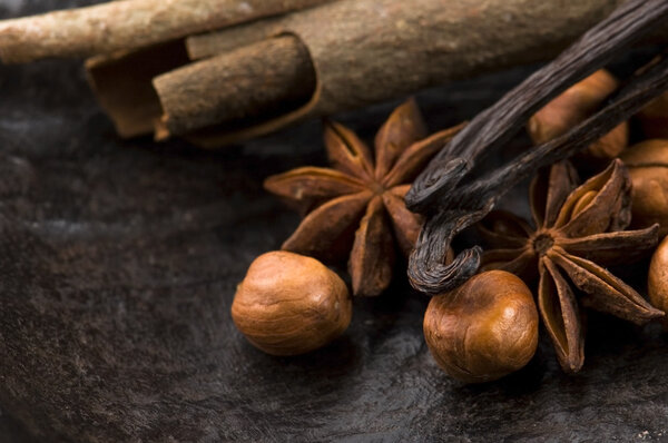 Aromatic spices with brown sugar and nuts