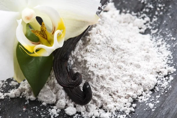 Vanilla beans with aromatic sugar and flower — Stock Photo, Image