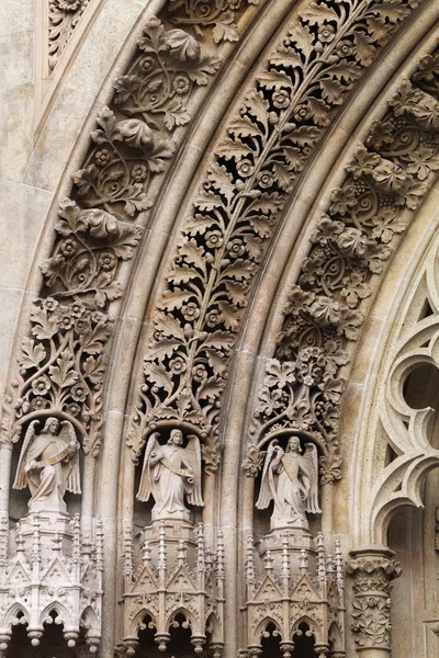 Three statues of saints above the entrance of Virgin Mary Cathedral, Zagreb, Croatia Stock Photo