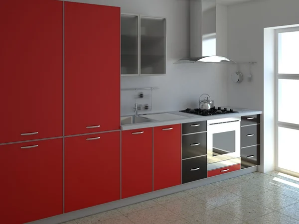 Rendering Interni Una Cucina Moderna Rossa — Foto Stock