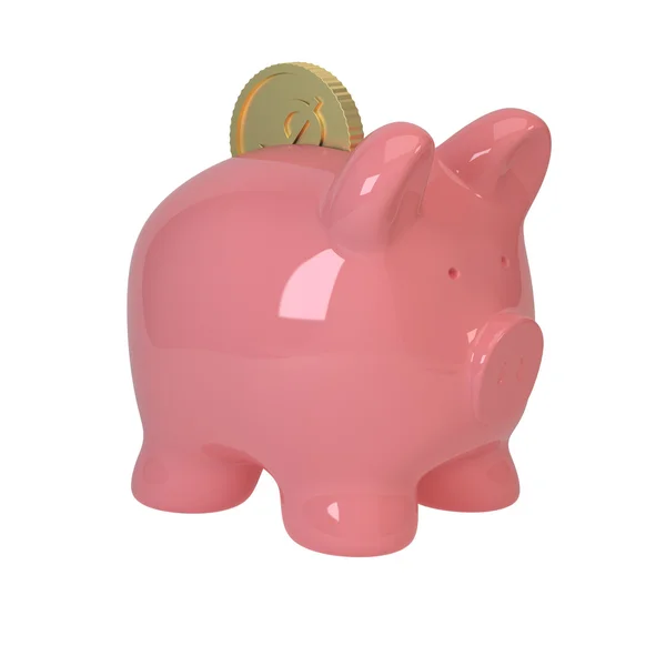 Розовая свинья и монеты — стоковое фото
