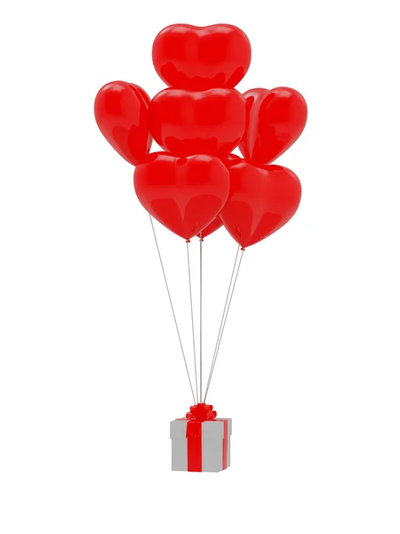Καθιστούν Κόκκινη Καρδιά Σχήμα Baloon Και Δώρο Πλαίσιο Λευκό Φόντο — Φωτογραφία Αρχείου