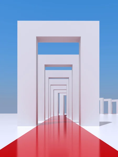Halı Bir Koridor Ortasında Render Kırmızı Şerit — Stok fotoğraf