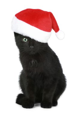 Black kitten in a Christmas hat clipart