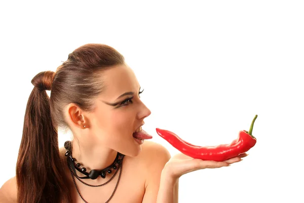 Mooie Vrouw Met Rode Peper — Stockfoto