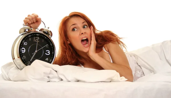 Young Woman Lying Bed Alarm Clock — Stock Photo, Image