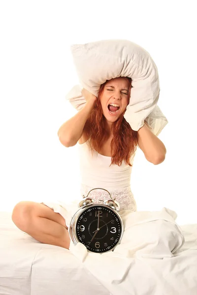 Junge Frau Liegt Mit Wecker Bett — Stockfoto