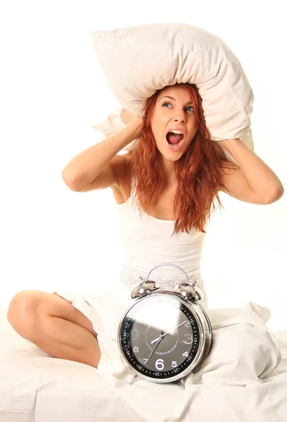 Young Woman Lying Bed Alarm Clock — Stock Photo, Image
