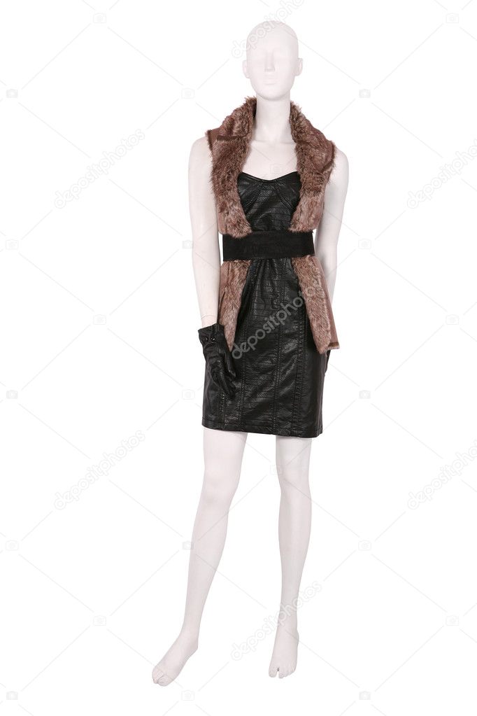Mannequin dressed in fur jacket and leather dress — Stock Photo