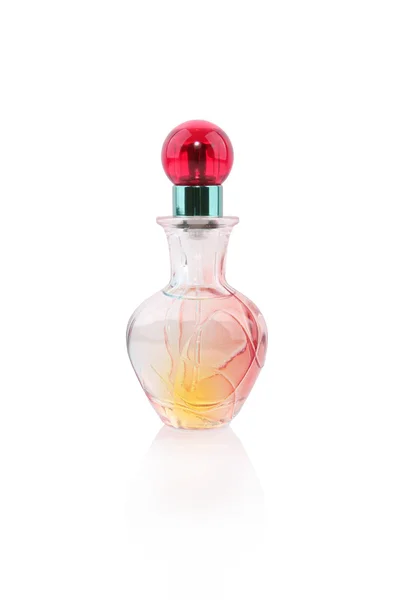 Kleurrijke Parfumfles Met Reflectie Geïsoleerd Wit — Stockfoto