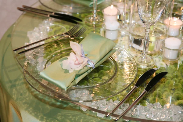 Elegant Wedding Dinner Served Glass Table — Stock Photo, Image