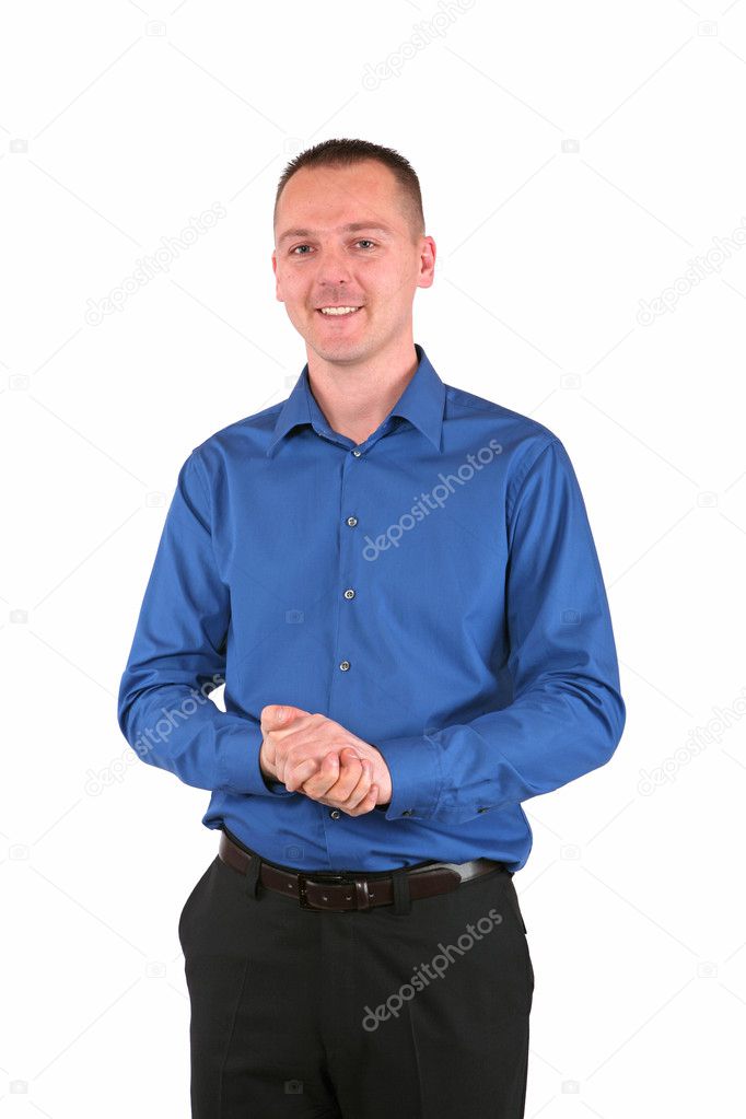 Young businessman in blue shirt, isolated on white