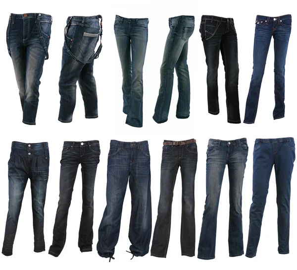 Collection of various types of blue jeans trousers — Stock Photo, Image