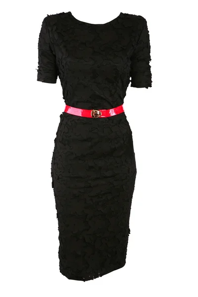 Black designer dress with red belt — Stock Photo, Image