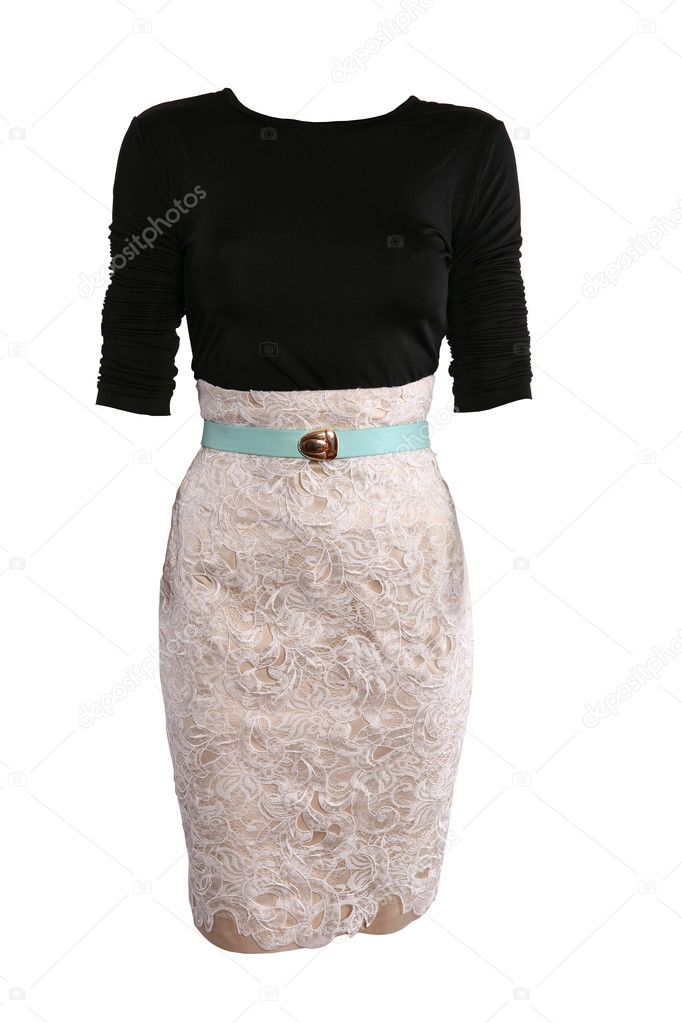 Black shirt and beige lace skirt dressed on a mannequin