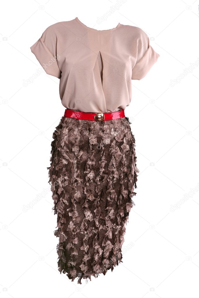 Beige shirt and brown skirt with red belt dressed on a mannequin