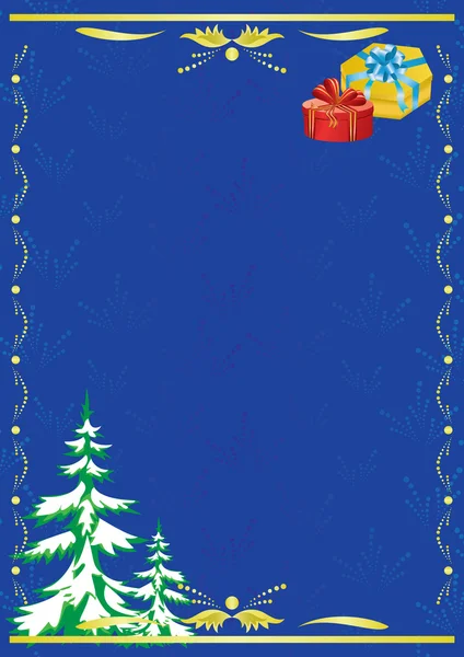Dunkelblaue Vektorkarte mit Neujahrsbaum und Geschenk — Stockvektor