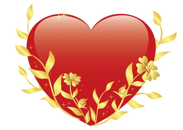 Векторная иллюстрация красного сердца с золотыми растениями — стоковый вектор