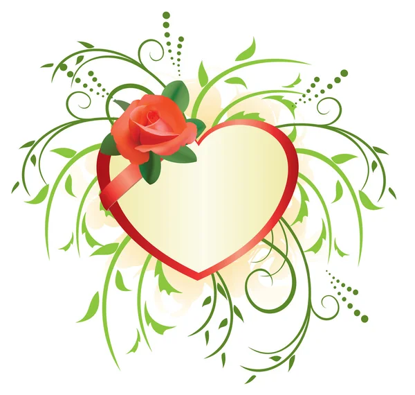Vector heart with rose and green plants — Stock Vector