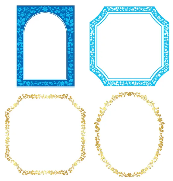 Conjunto de marcos vectoriales azules y dorados con plantas — Archivo Imágenes Vectoriales