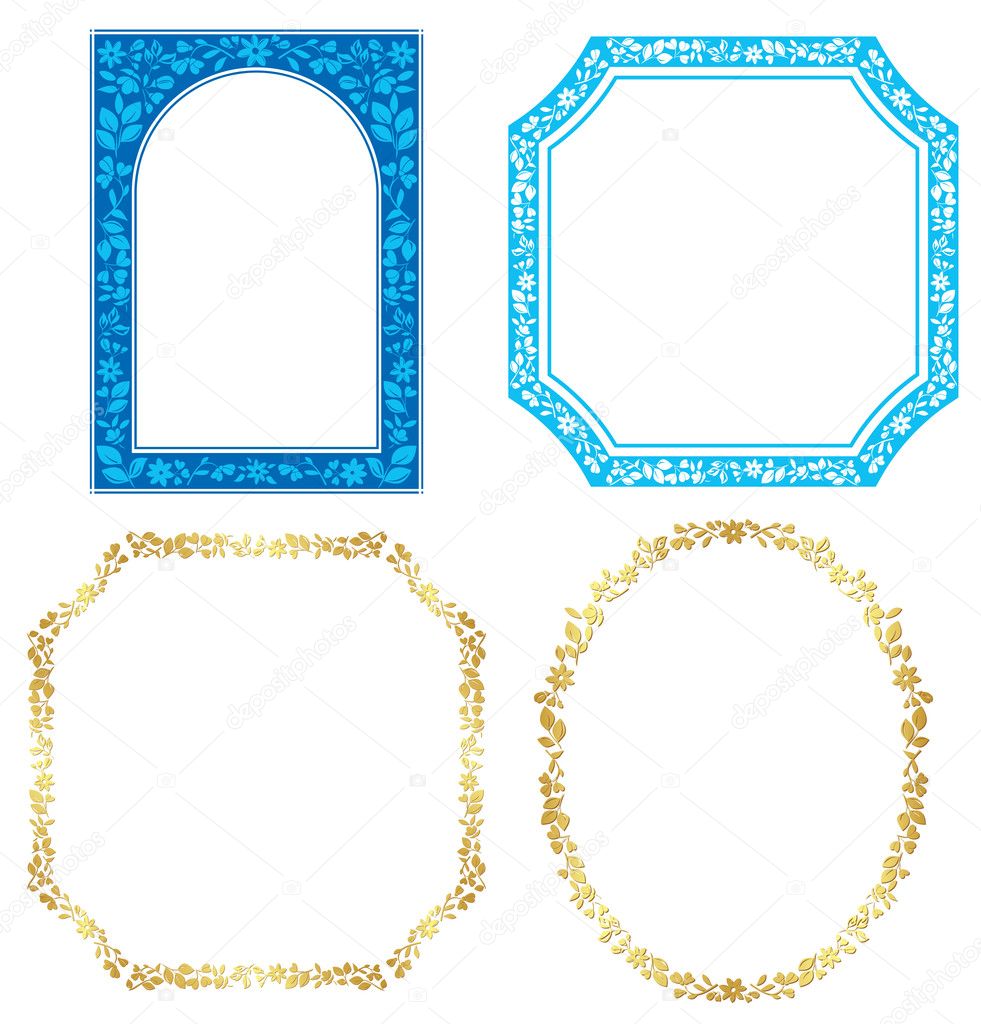 Set of vector blue and golden frames with plants