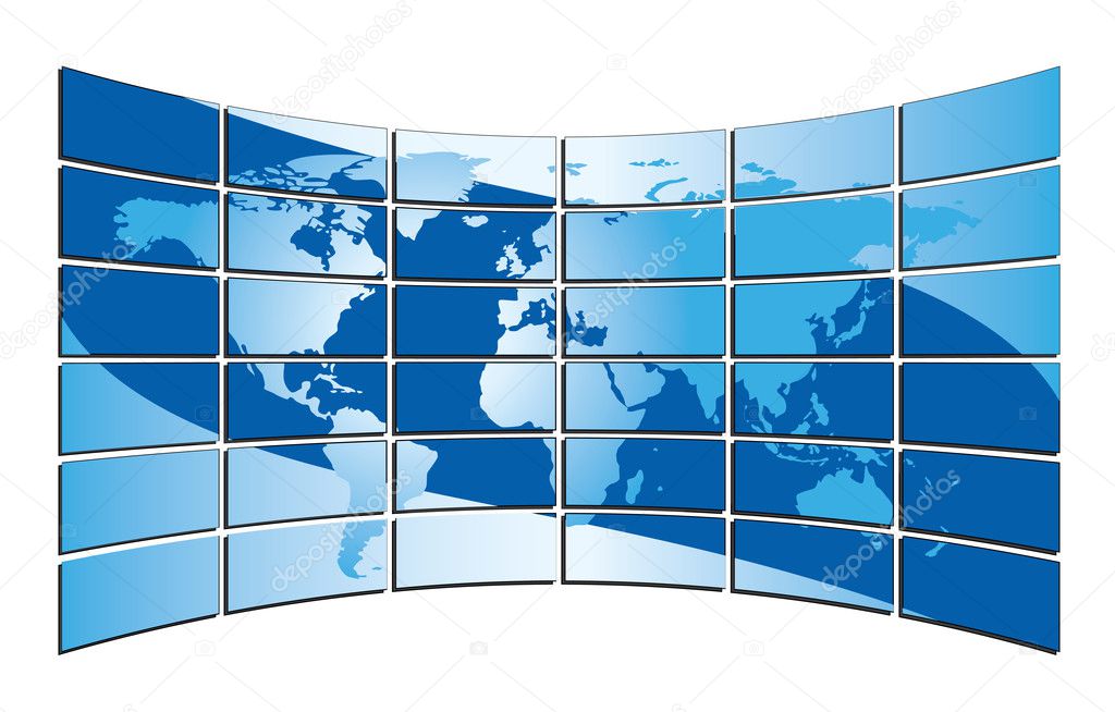 Vector blue world map on the blue screens