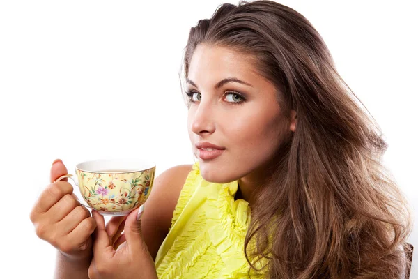Beauty Woman Fresh Cup Black Tea — Stock Photo, Image
