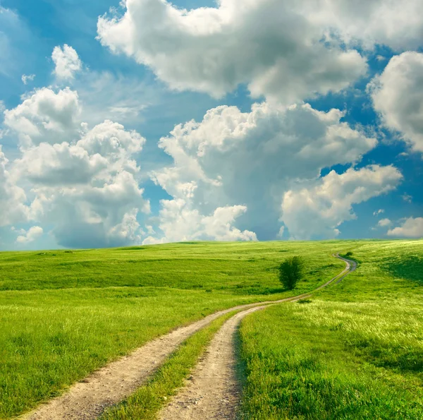 Letni krajobraz z zieloną trawą, drogą i chmurami — Zdjęcie stockowe