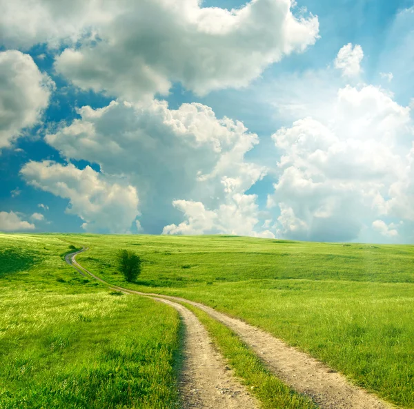 Letní krajina se zelenou trávou, silnicí a mraky — Stock fotografie