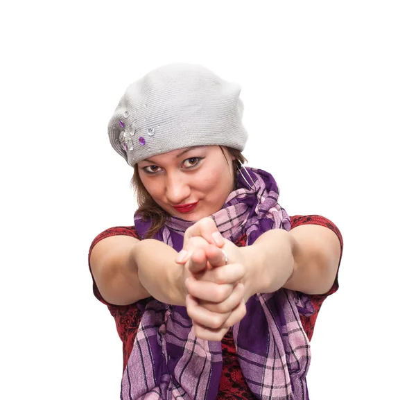 stock image Girl forms a gun with her fingers