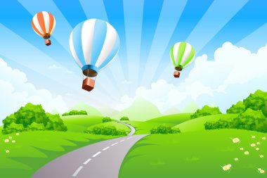 Green Landscape with Balloons clouds and mountains clipart