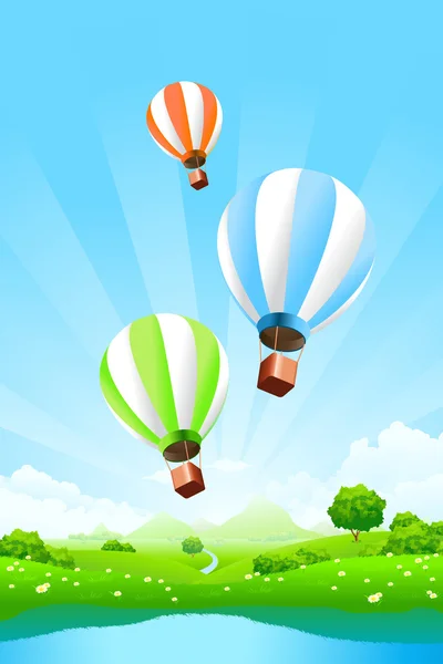 Green Landscape Balloons Clouds Lake — Stock Vector