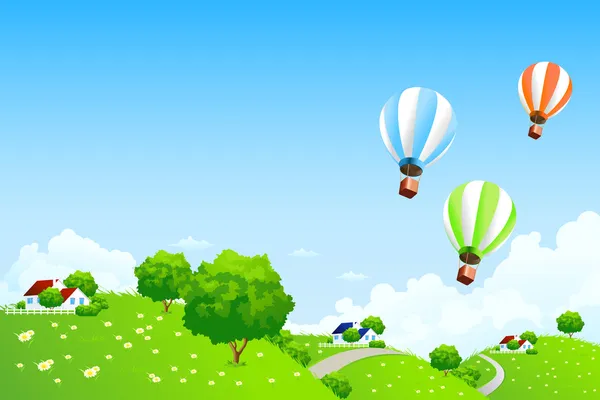 有气球 云彩和房屋的绿色景观 — 图库矢量图片