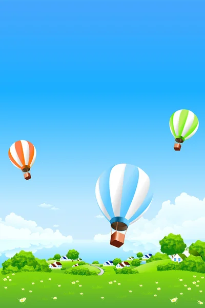 Zöld tájjal hőlégballonok — Stock Vector