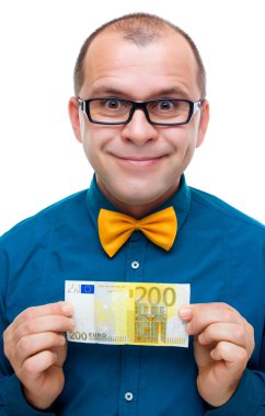 Happy man holding 200 euros clipart