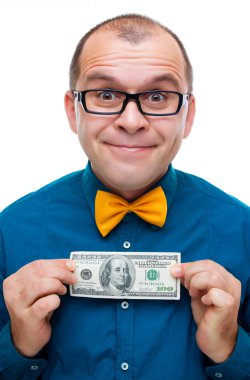 Happy man holding hundred dollars