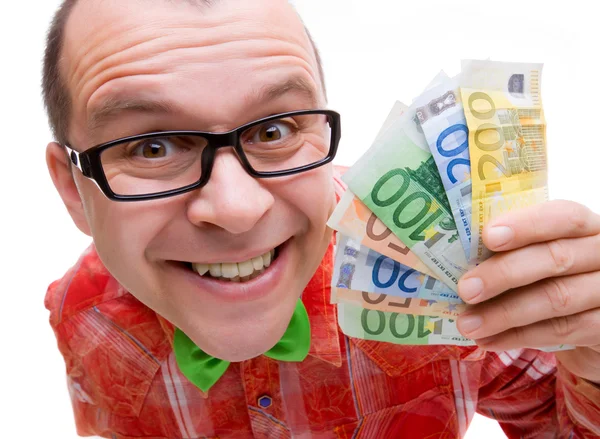 Szczęśliwy człowiek trzyma pieniądze euro — Zdjęcie stockowe