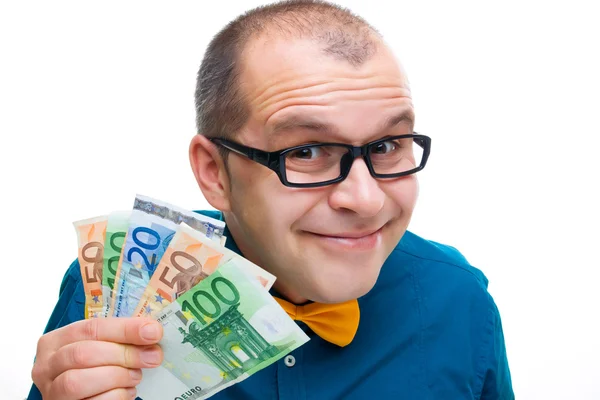 Happy man holding european money — Stock Photo, Image