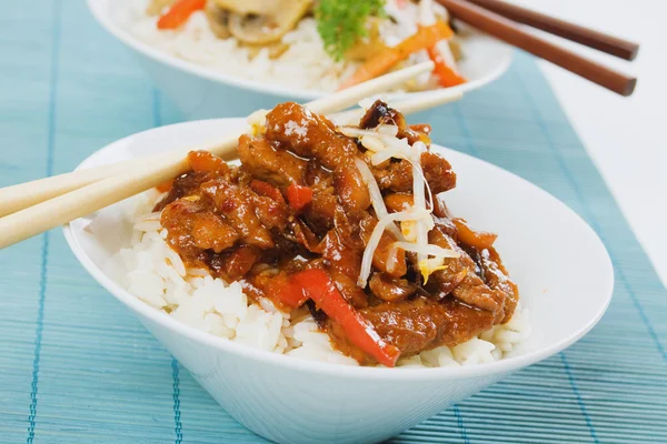 Pork with peanuts and cooked rice — Stock Photo, Image
