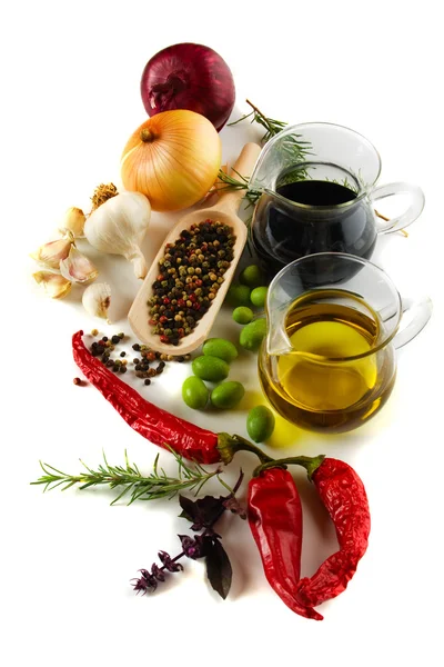 Olive oil and balsamic vinegar with mediterranean spices — Stock Photo, Image