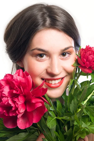 Glimlach en rode rose — Stockfoto